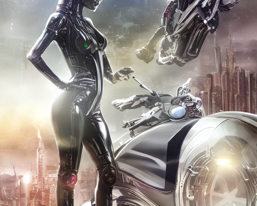 Futuristic humanoid robots with motorcycle and flying companion in cityscape.