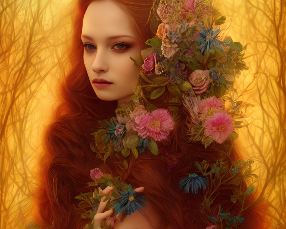 Vibrant digital portrait of a woman with red hair and floral background