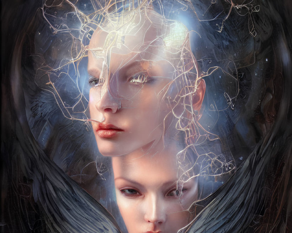 Ethereal dual faces with wings and fractal light motif