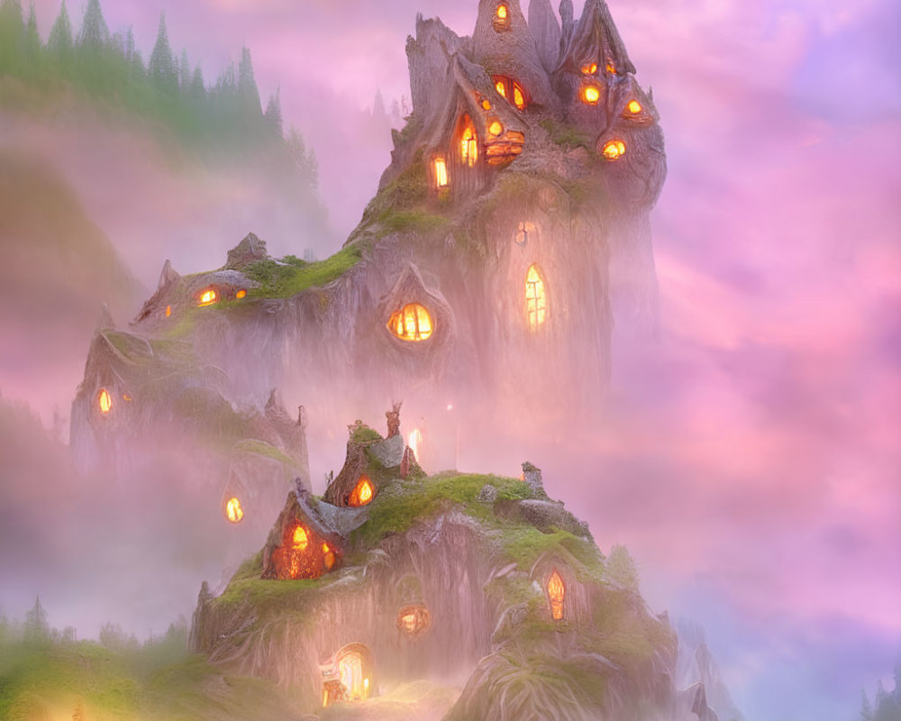 Mountain village at dusk with cozy homes and pink fog gathering.