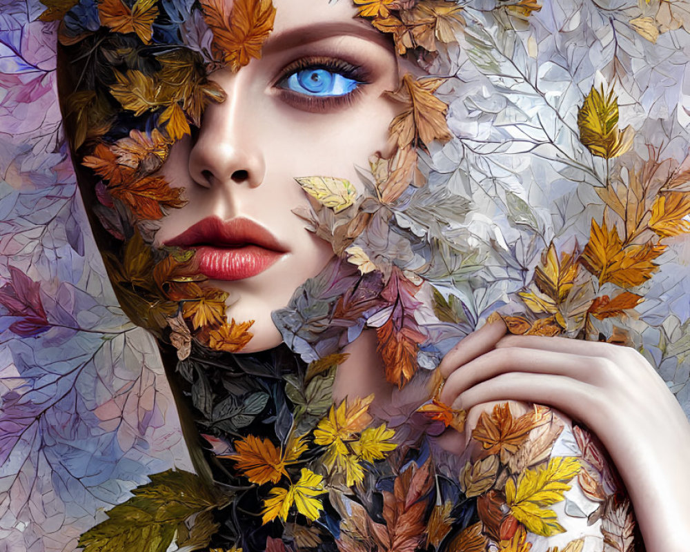 Colorful Autumn Leaves Surround Woman with Striking Blue Eyes