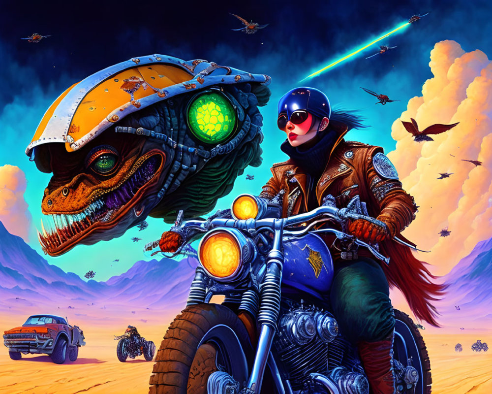 Woman on motorcycle with dinosaur in desert landscape and futuristic vehicles