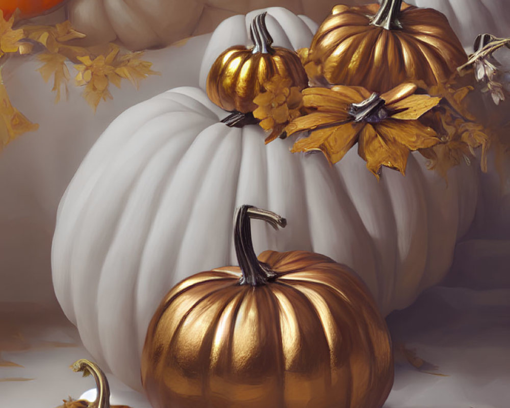 Autumnal still life with white, orange, and gold pumpkin in serene fall setting