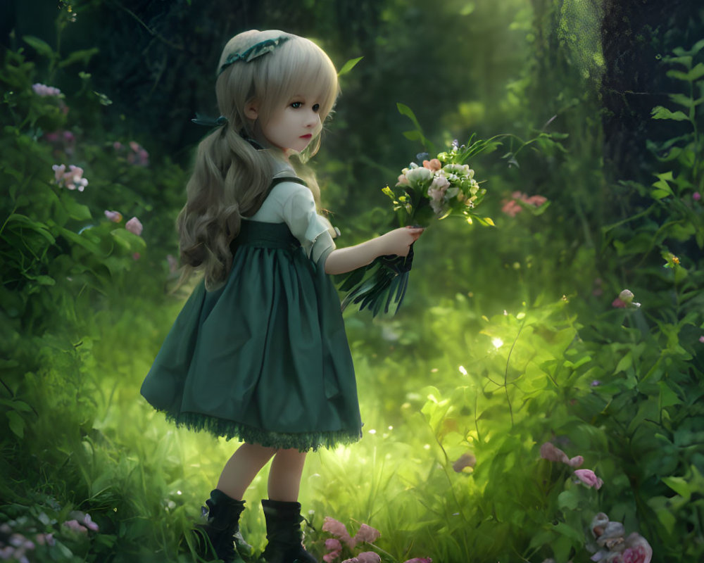 Lifelike doll in green dress with flowers in sunlit forest clearing