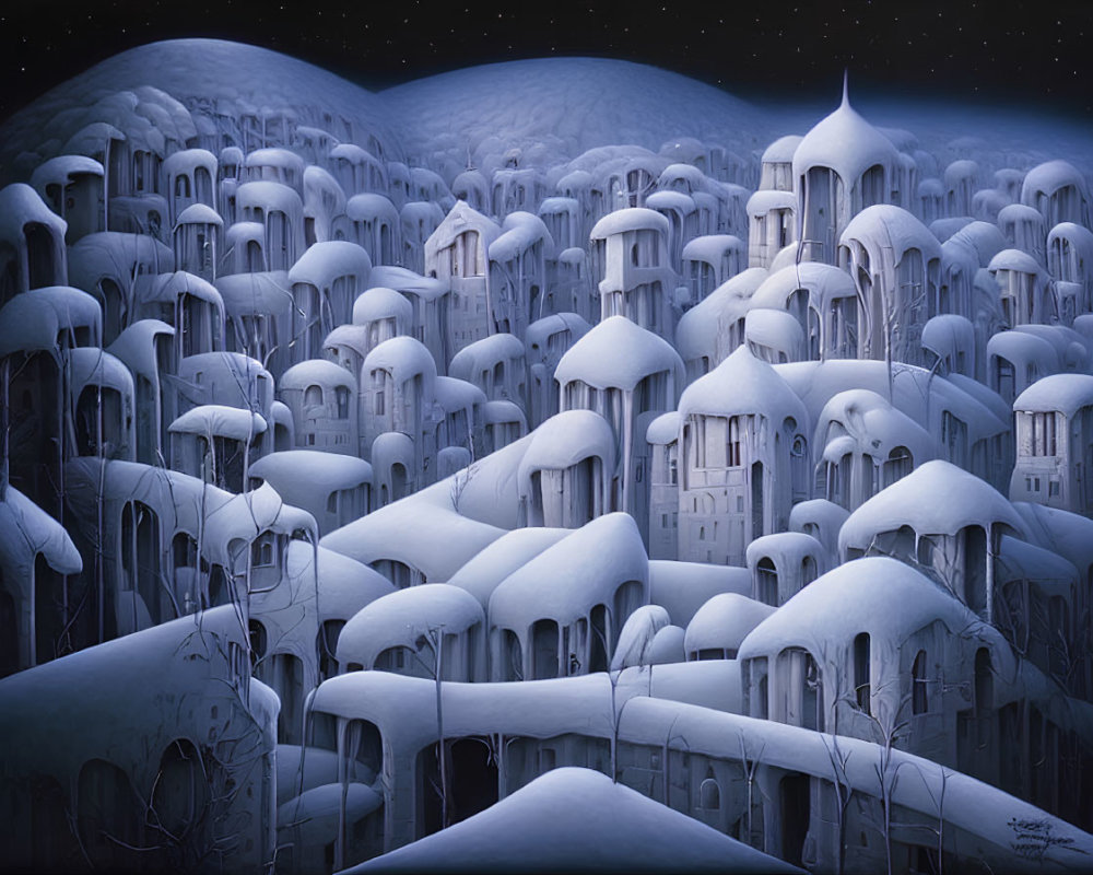 Snow-covered fantasy city with domes and spires under starry night sky