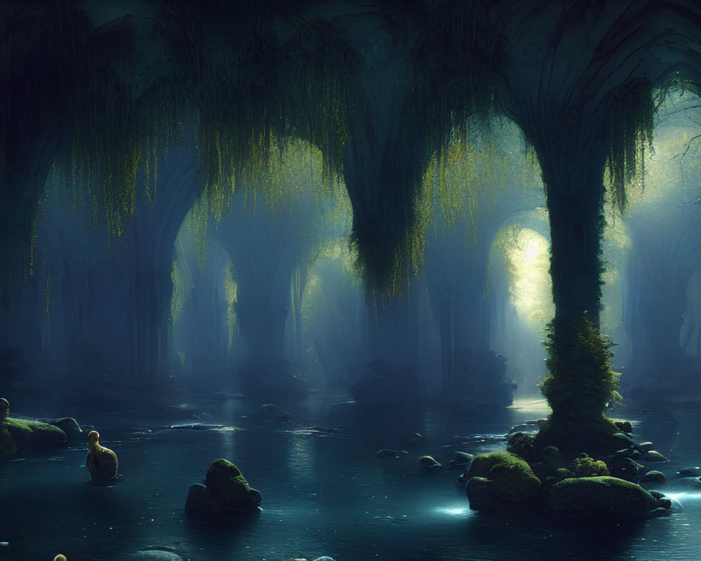Ethereal forest scene with moss-covered trees and glowing light
