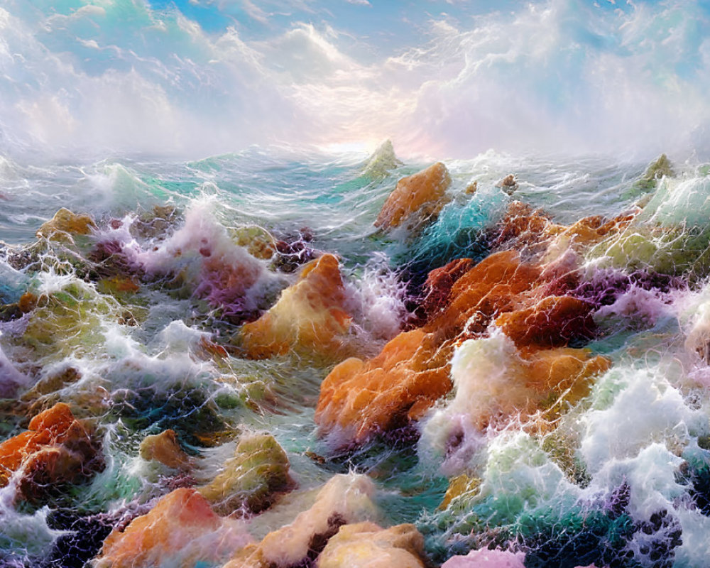 Colorful seascape painting with crashing waves and dynamic sky.