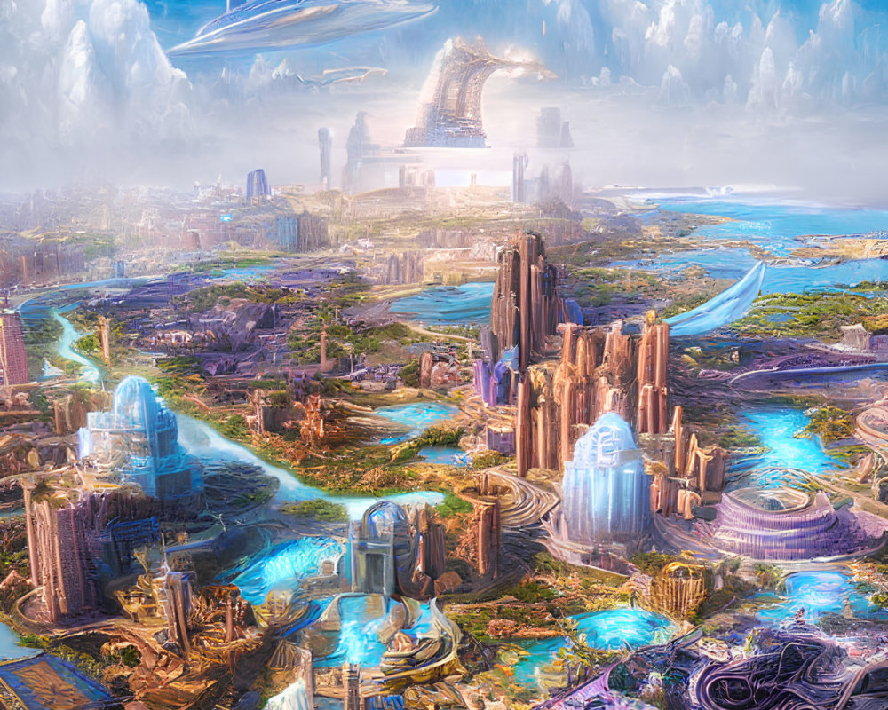 Futuristic cityscape with towering structures and advanced transport systems