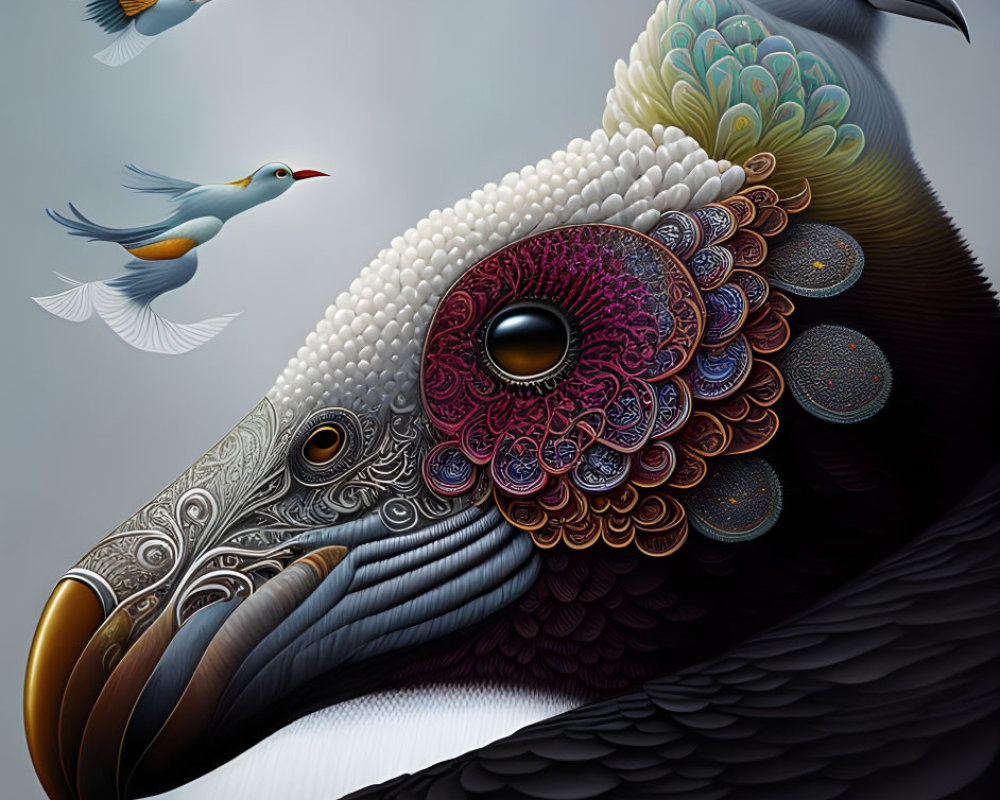 Colorful Pigeon Artwork with Feather Patterns & Flying Birds