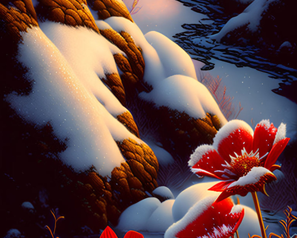 Scenic image of snow-covered rocks, red flowers, stream, and mountains at twilight