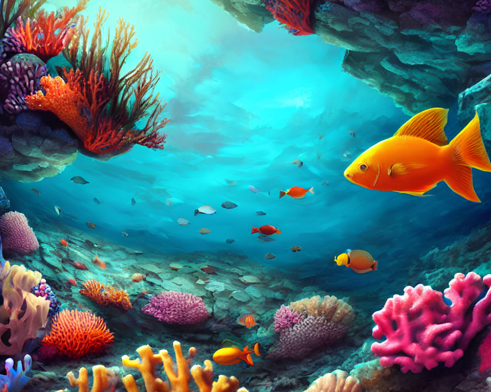 Colorful Underwater Scene with Corals and Tropical Fish