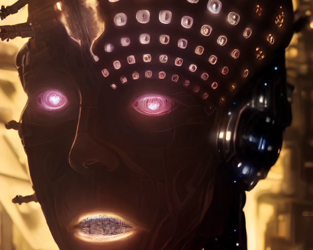 Detailed humanoid robot head with illuminated patterns and red glowing eyes