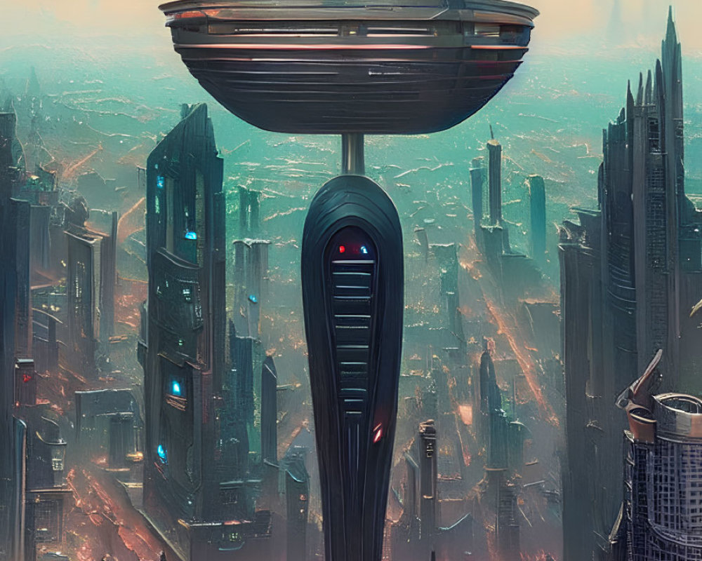 Futuristic cityscape with towering skyscrapers and sleek flying structure