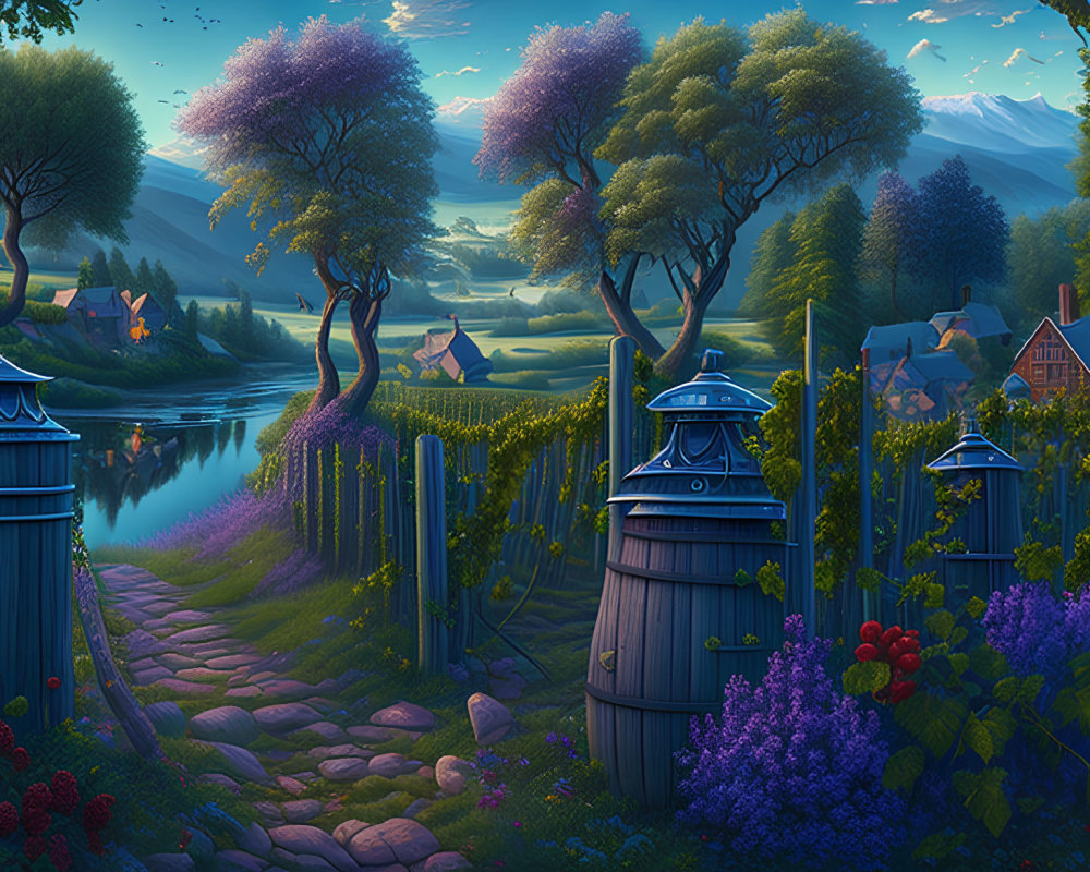 Cobblestone Path with Wooden Barrels and Purple Flowers in Scenic Landscape