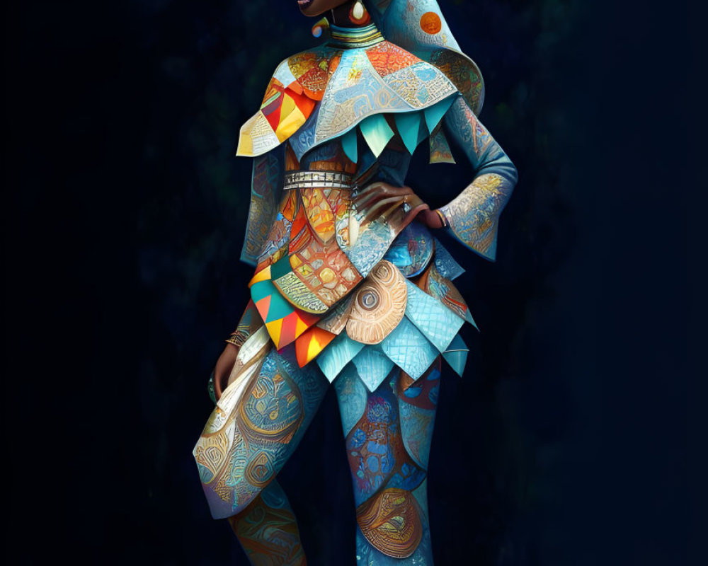 Elaborate geometric-patterned attire on model with large headpiece