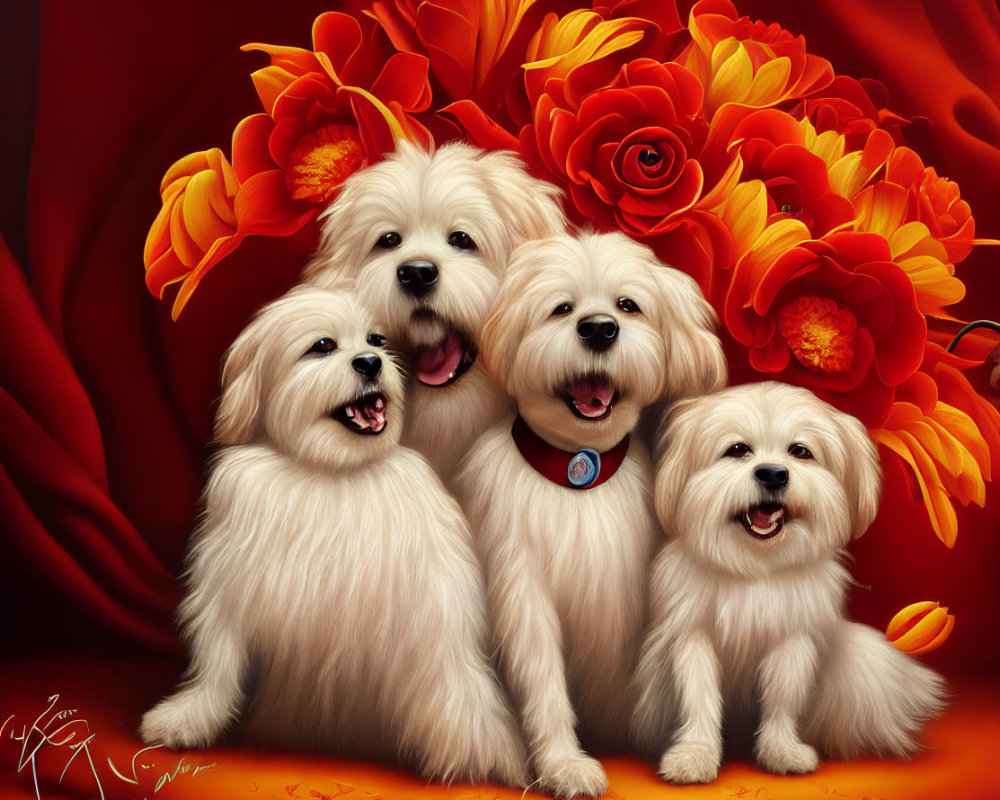 Four White Fluffy Dogs with Red and Orange Flowers on Red Background