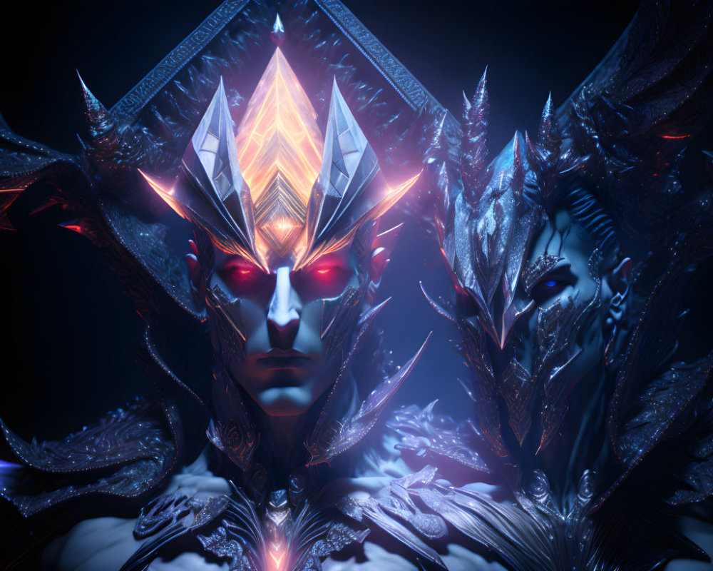 Mystical figures with glowing red eyes in elaborate crystalline armor