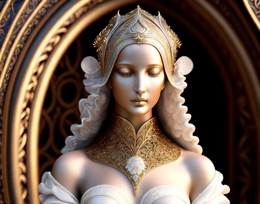 Regal female figure in gold headpiece and jewelry in 3D artwork