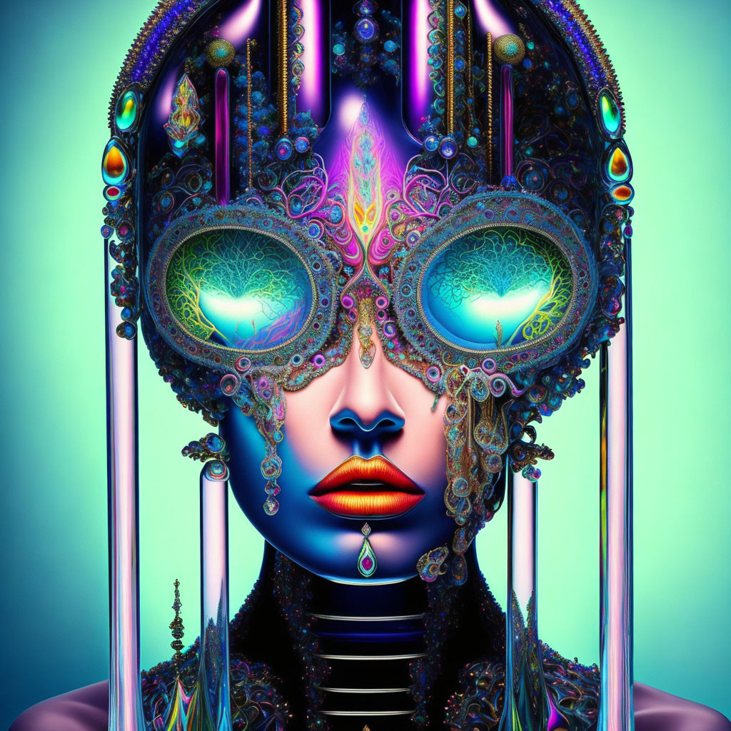 Colorful humanoid face artwork with glowing eyes and intricate patterns on teal background