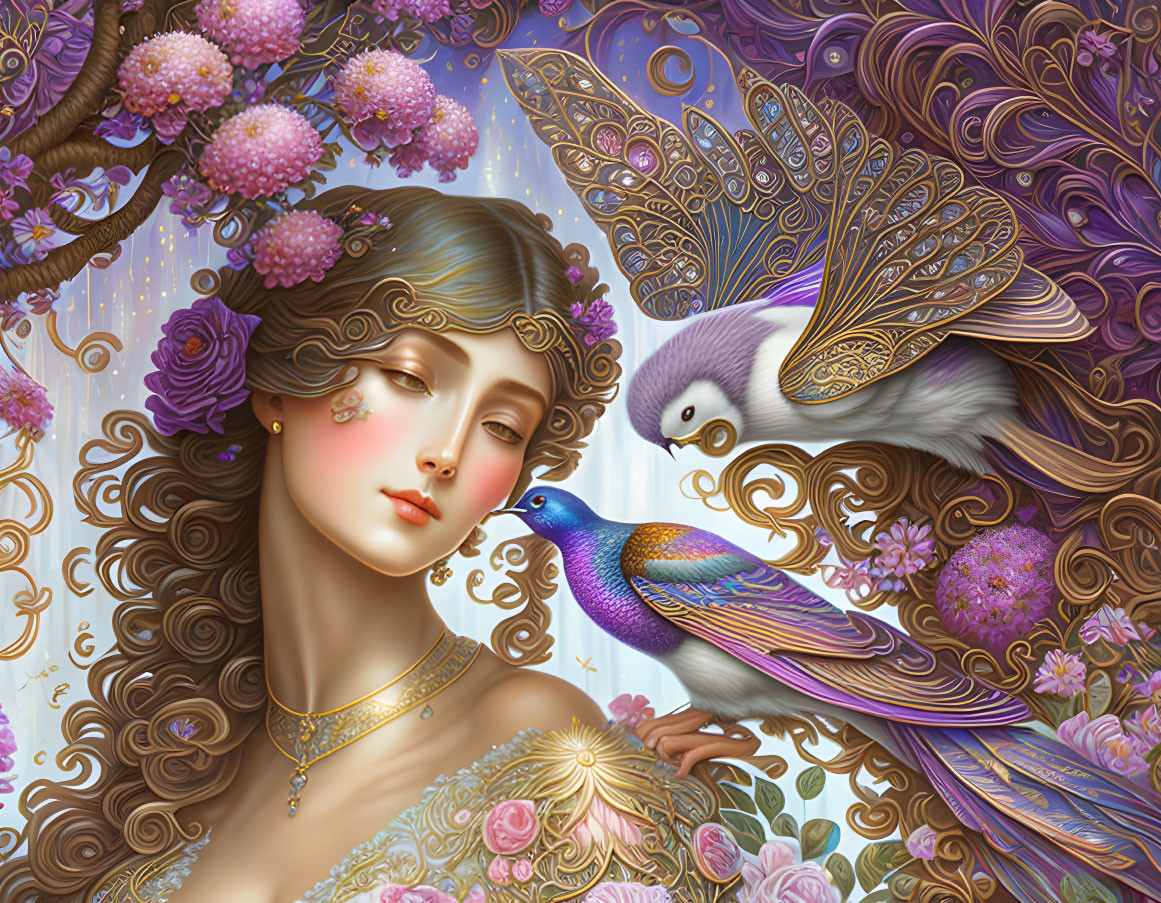 Illustration of woman with flower hair beside vibrant bird and floral backdrop