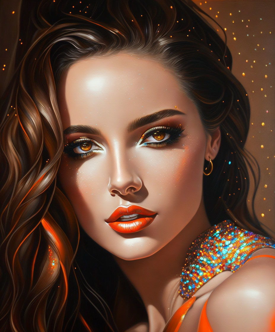 Digital portrait: Glowing skin, amber eyes, wavy hair, vibrant orange attire