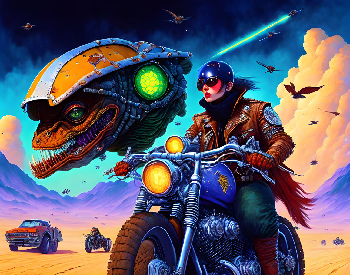 Woman on motorcycle with dinosaur in desert landscape and futuristic vehicles