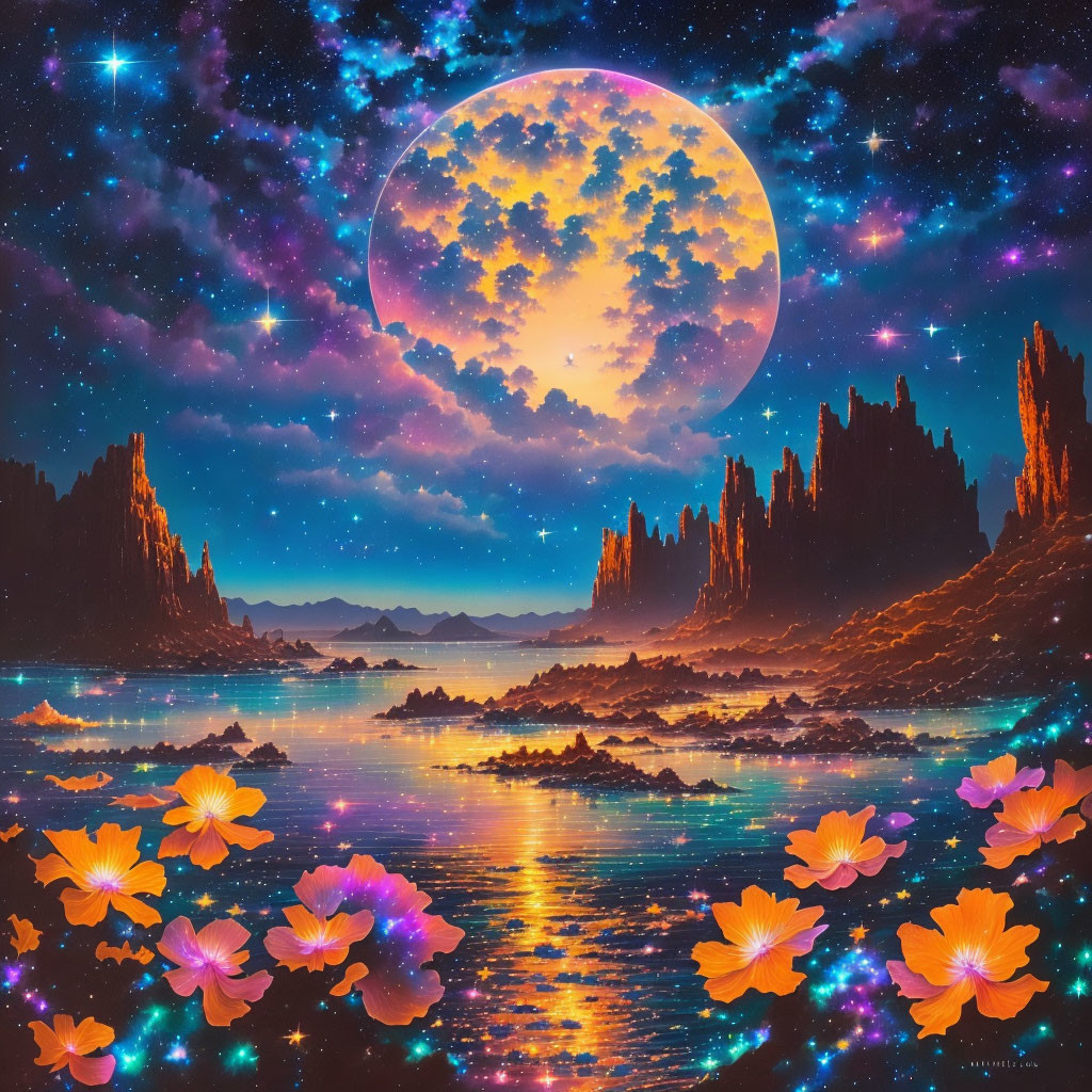 Fantastical landscape with large moon, starry sky, water, and flowers.