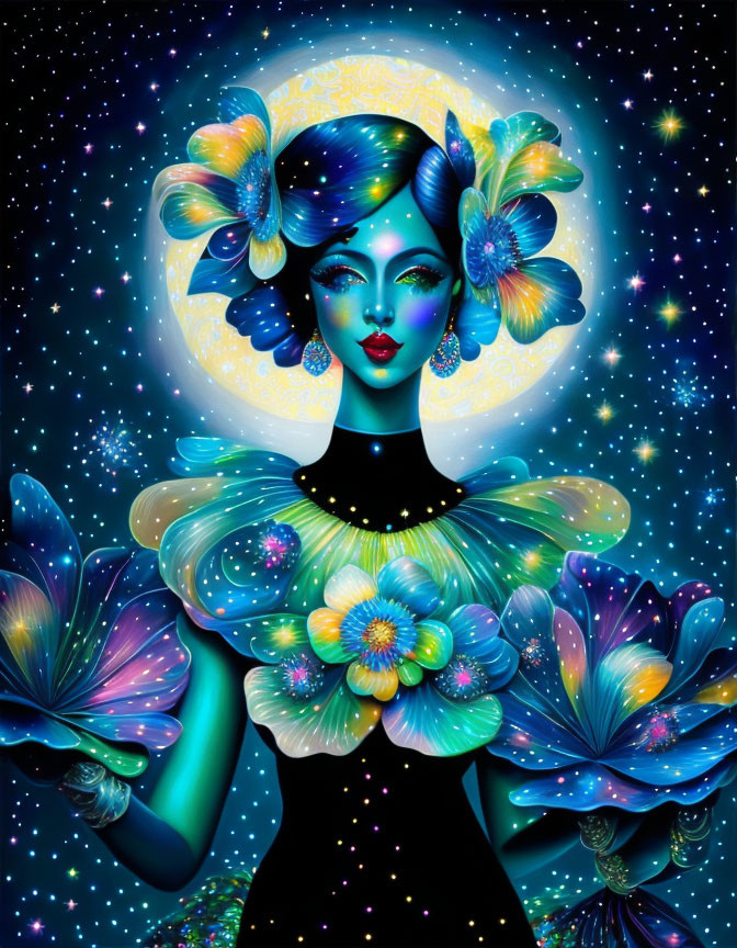 Colorful cosmic illustration of woman with blue skin and glowing flowers.