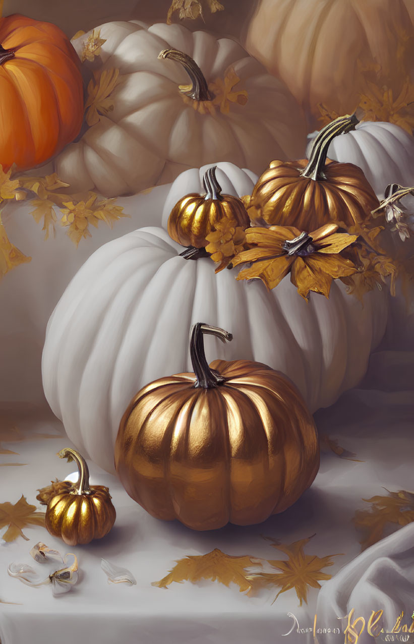 Autumnal still life with white, orange, and gold pumpkin in serene fall setting