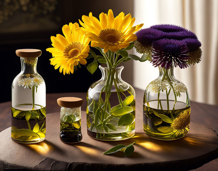 Glass vases with etched designs, oil, plant stems, sunflowers, and purple flowers on