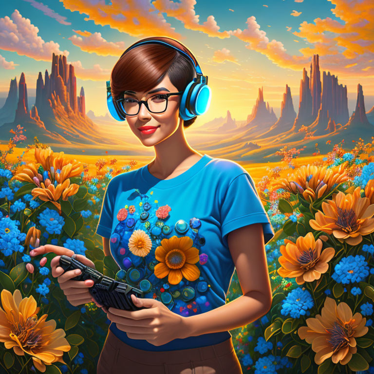 Woman with glasses smiles holding game controller amidst vibrant flowers & mountains.