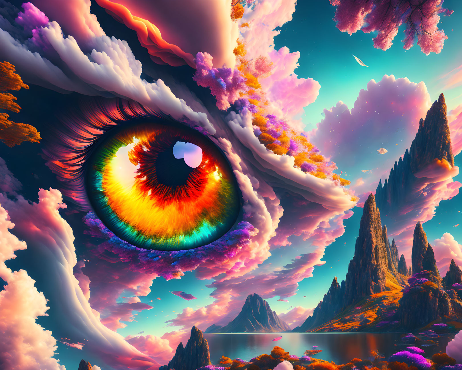 Colorful surreal landscape with giant eye, pink clouds, mountains, & lake