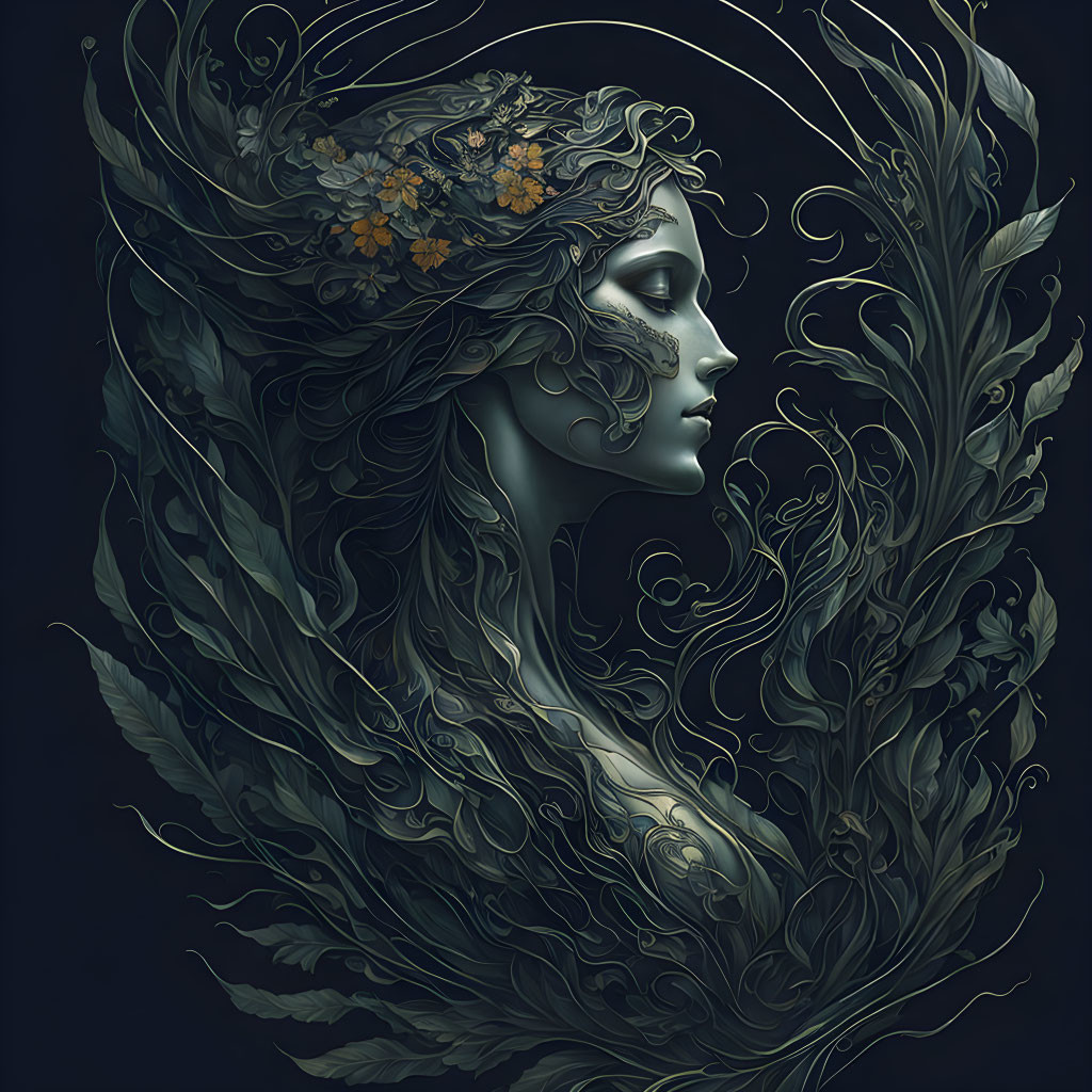 Detailed illustration: Woman with leafy hair and flowers on dark background