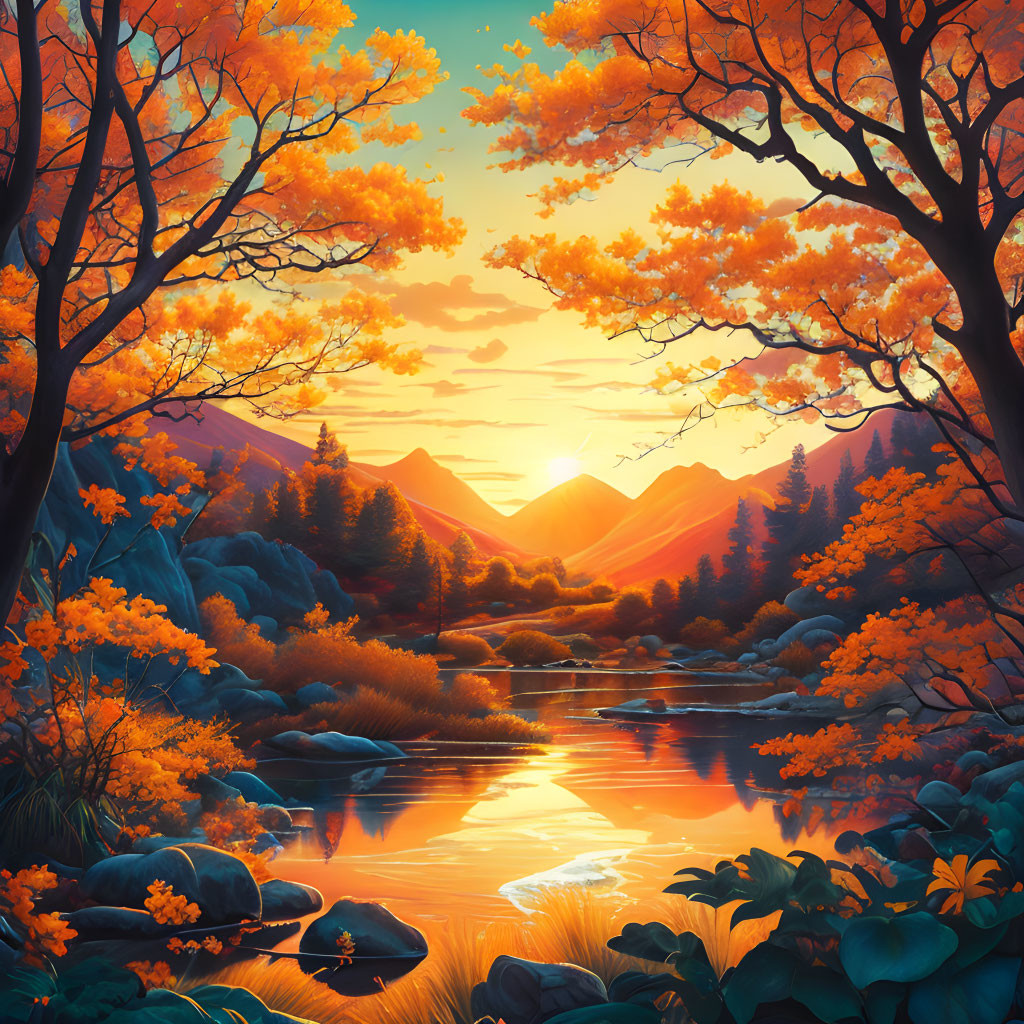 Sunset landscape: orange foliage, distant mountains, reflective river