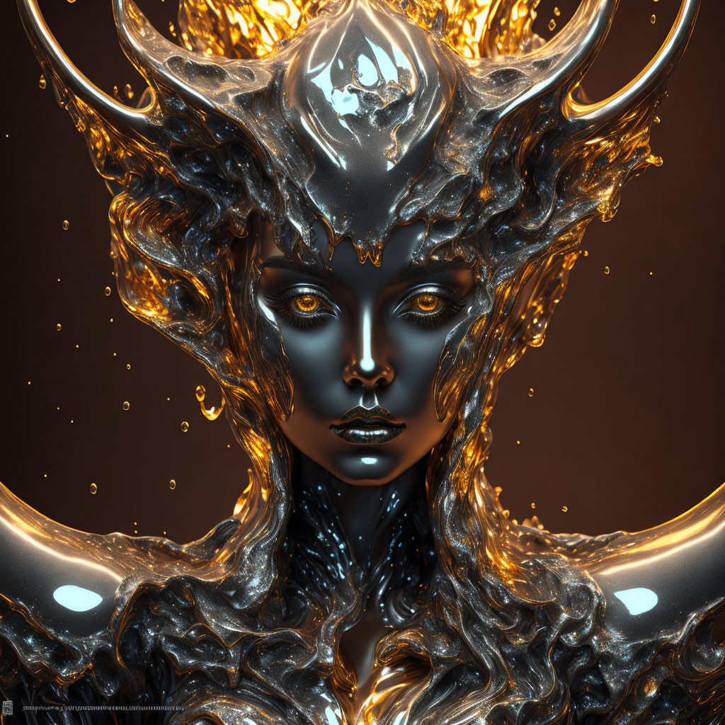 Fantastical character with golden horns and glowing eyes in 3D art