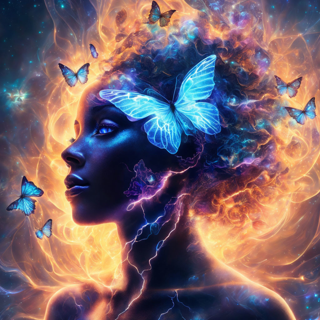 Profile view of woman with cosmic energy and butterflies in deep space