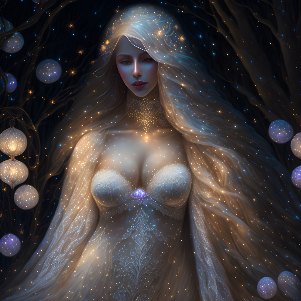 Ethereal woman in star-filled forest with glowing orbs