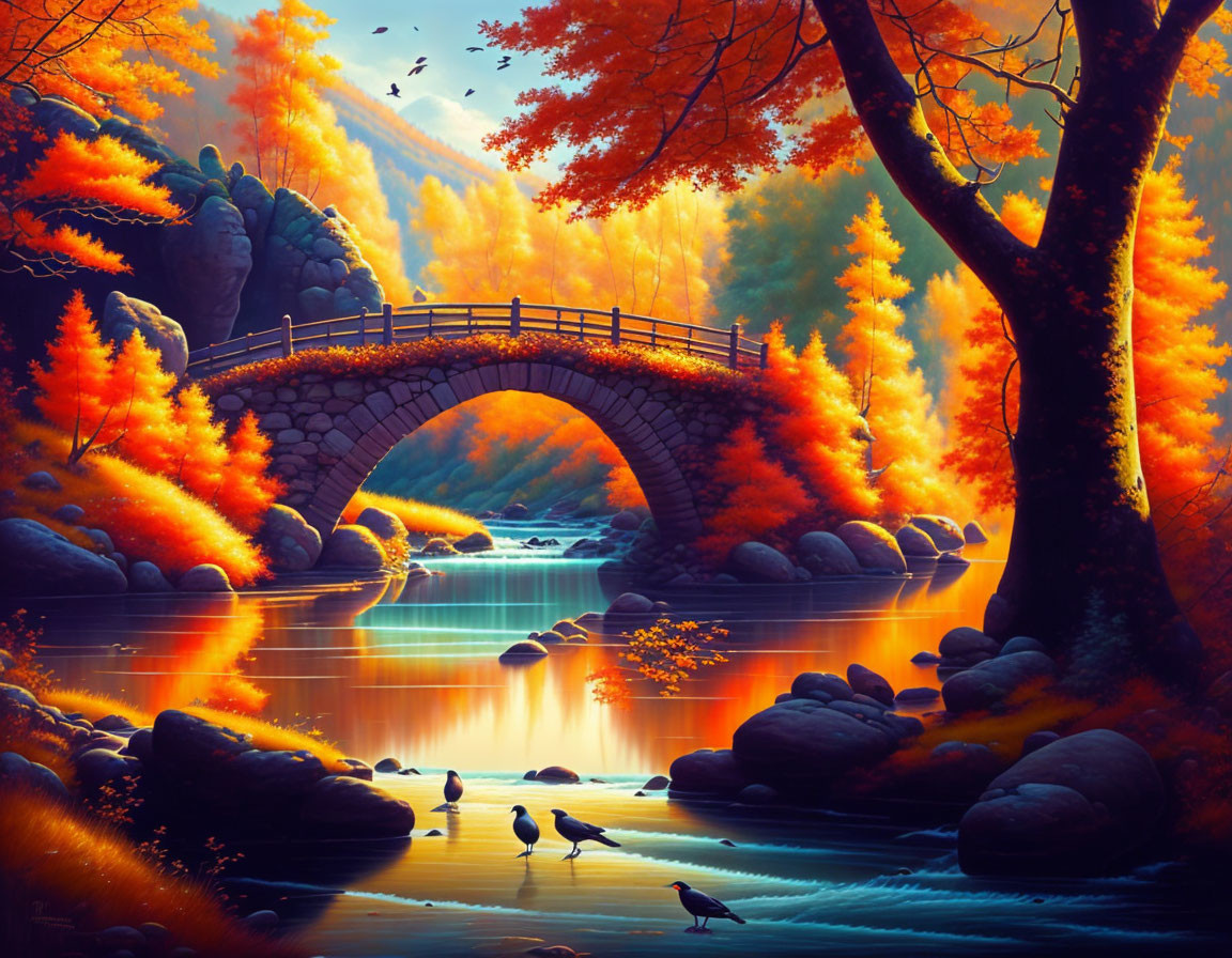 Tranquil autumn landscape with stone bridge, river, trees, and birds