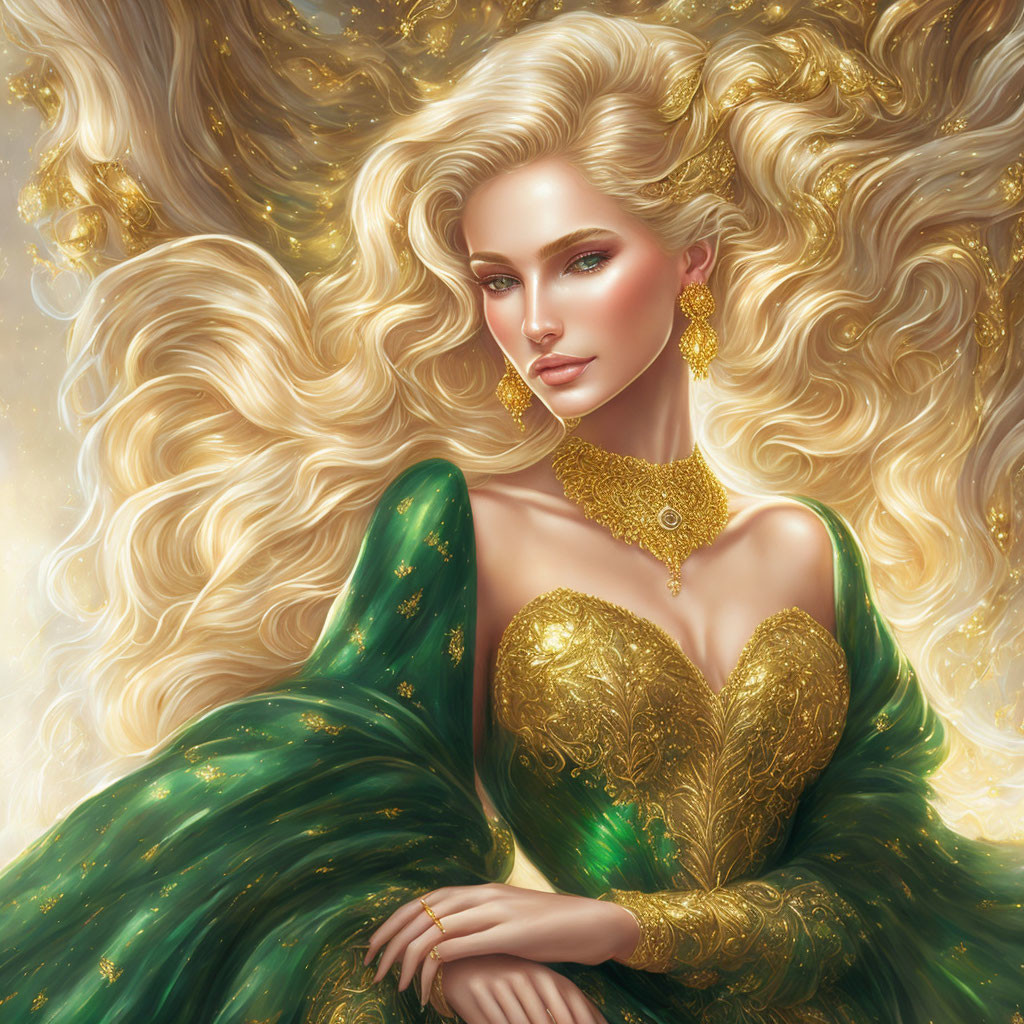 Golden-haired woman in green and gold dress with intricate jewelry