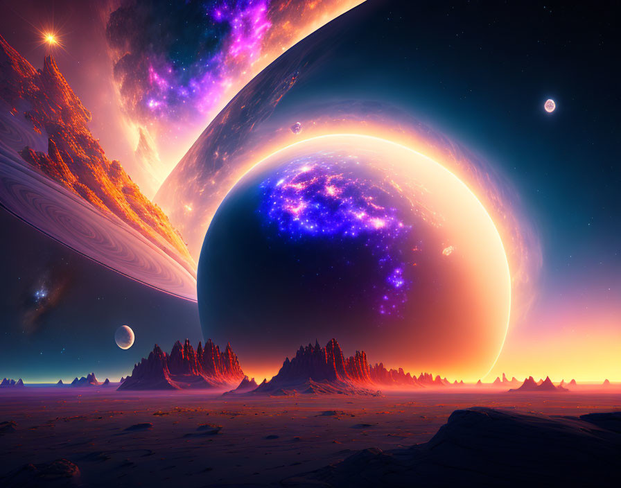 Colorful Sci-Fi Landscape with Planet, Rings, Moons, and Galaxy