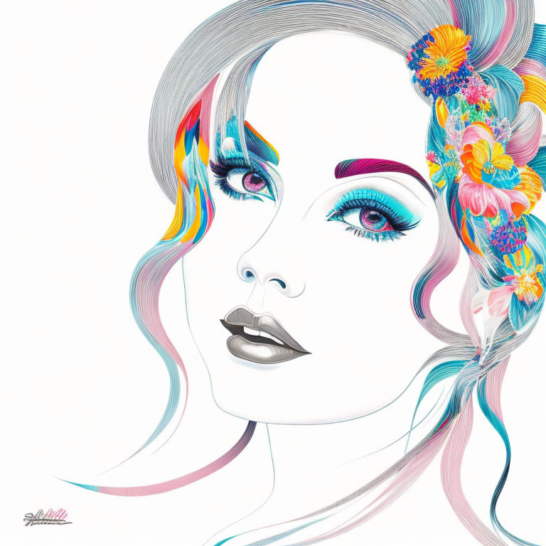 Colorful Stylized Woman's Face Illustration with Blue Eyes and Flowers