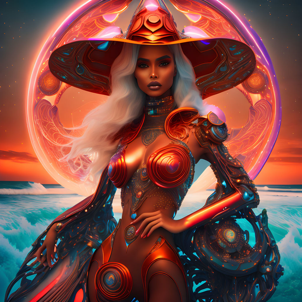 Futuristic female figure in sci-fi armor at surreal ocean sunset