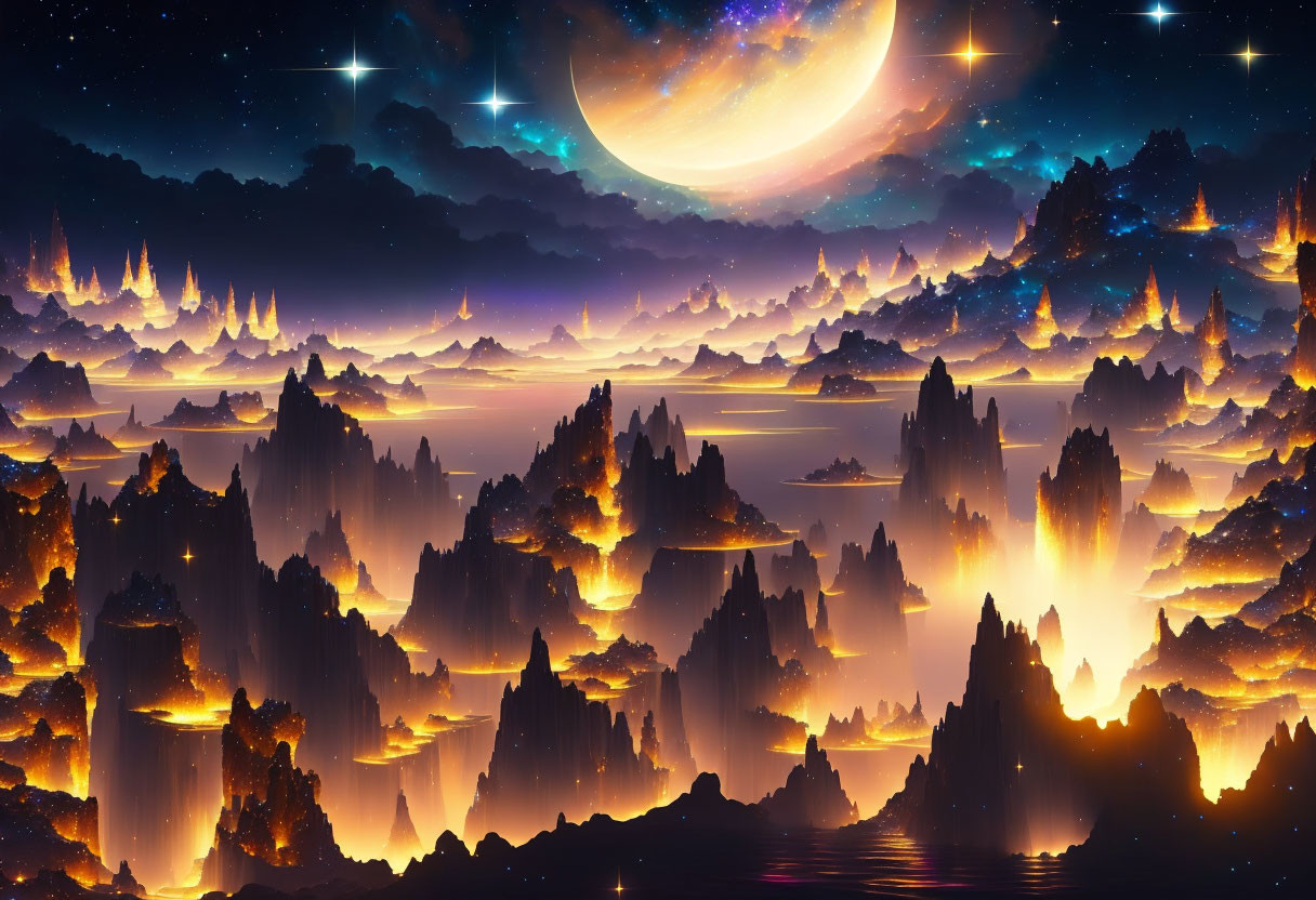 Fantastical cosmic landscape with towering rock formations