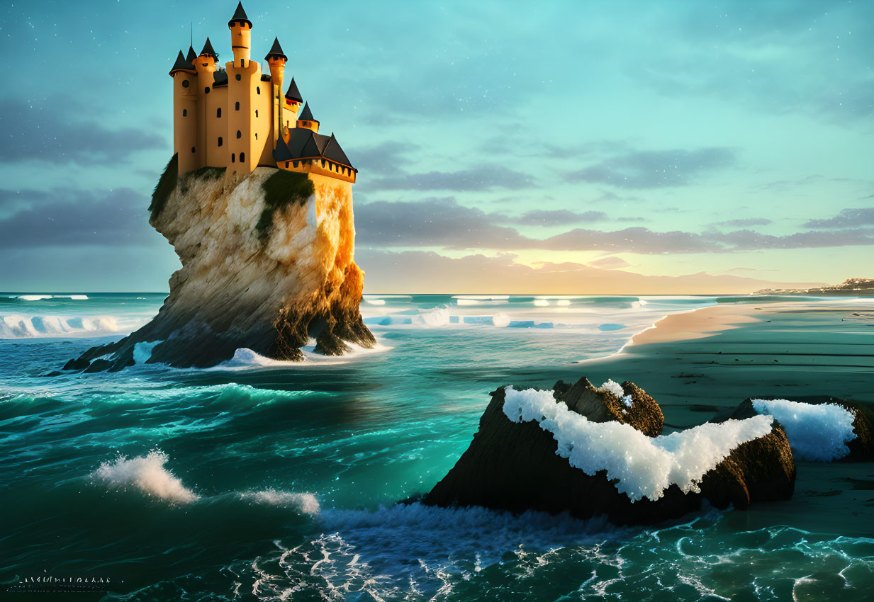 Fantasy castle on steep sea rock under twilight sky