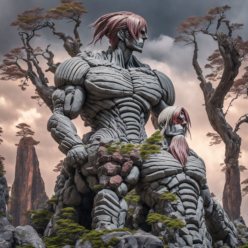 Stone-like figures with pink hair in eerie landscape with trees and overcast skies