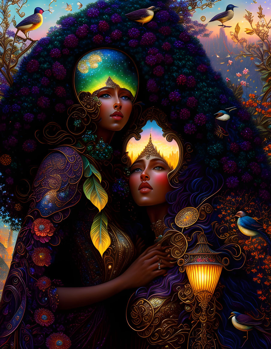 Illustration of two women in ornate, nature-inspired attire with birds, stars, and a glowing