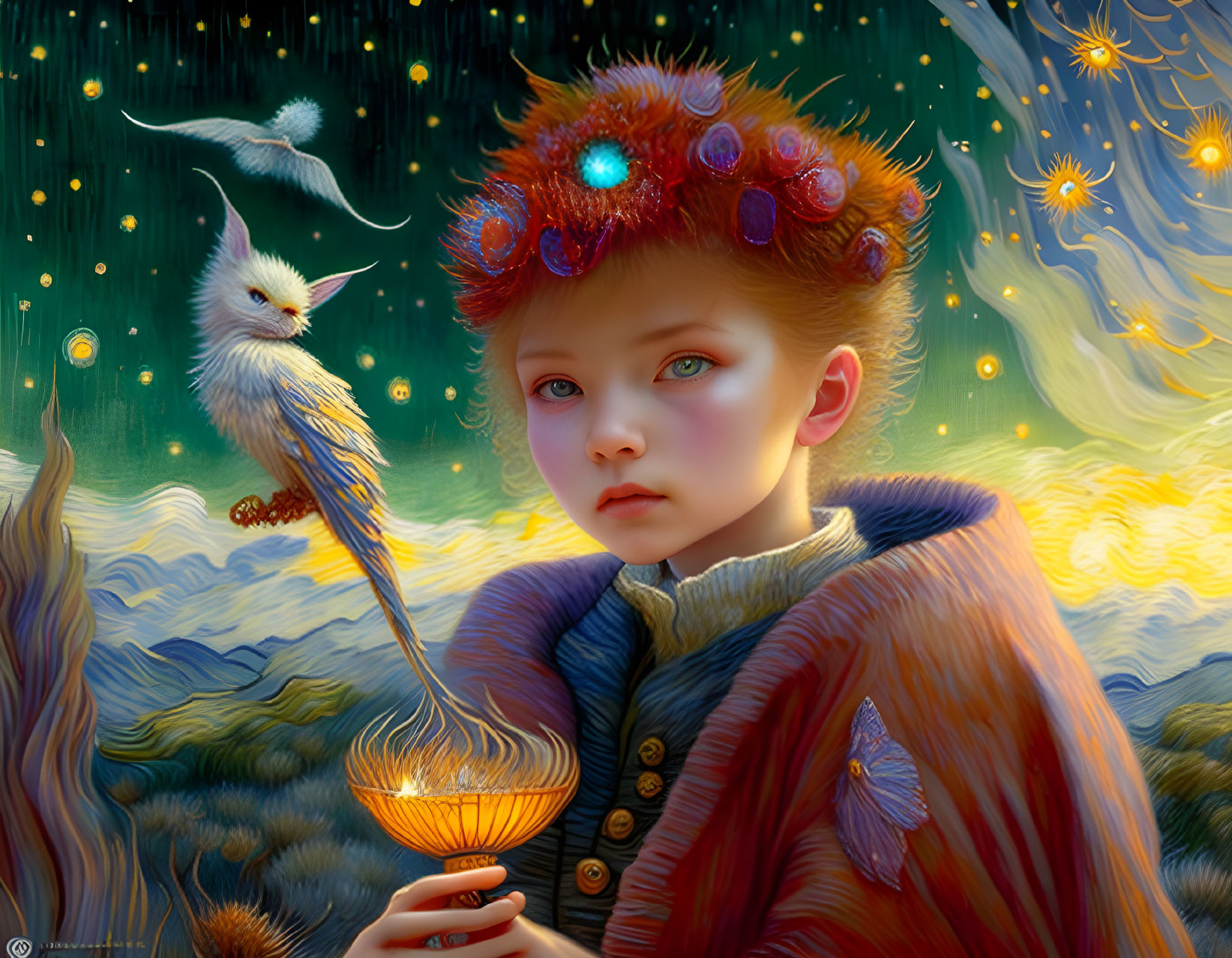 Child with jeweled crown holding glowing chalice, owl on arm, stars & greenery.