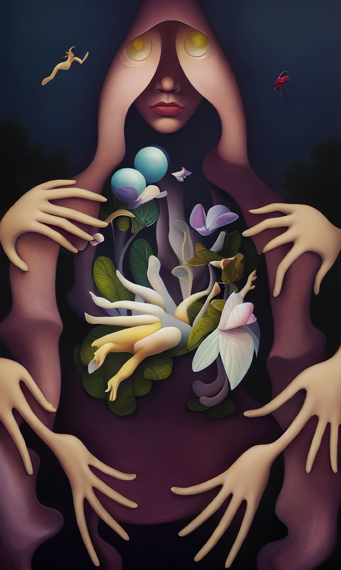 Surreal portrait: Faceless figure with golden eyes, surrounded by hands, flowers, planets,