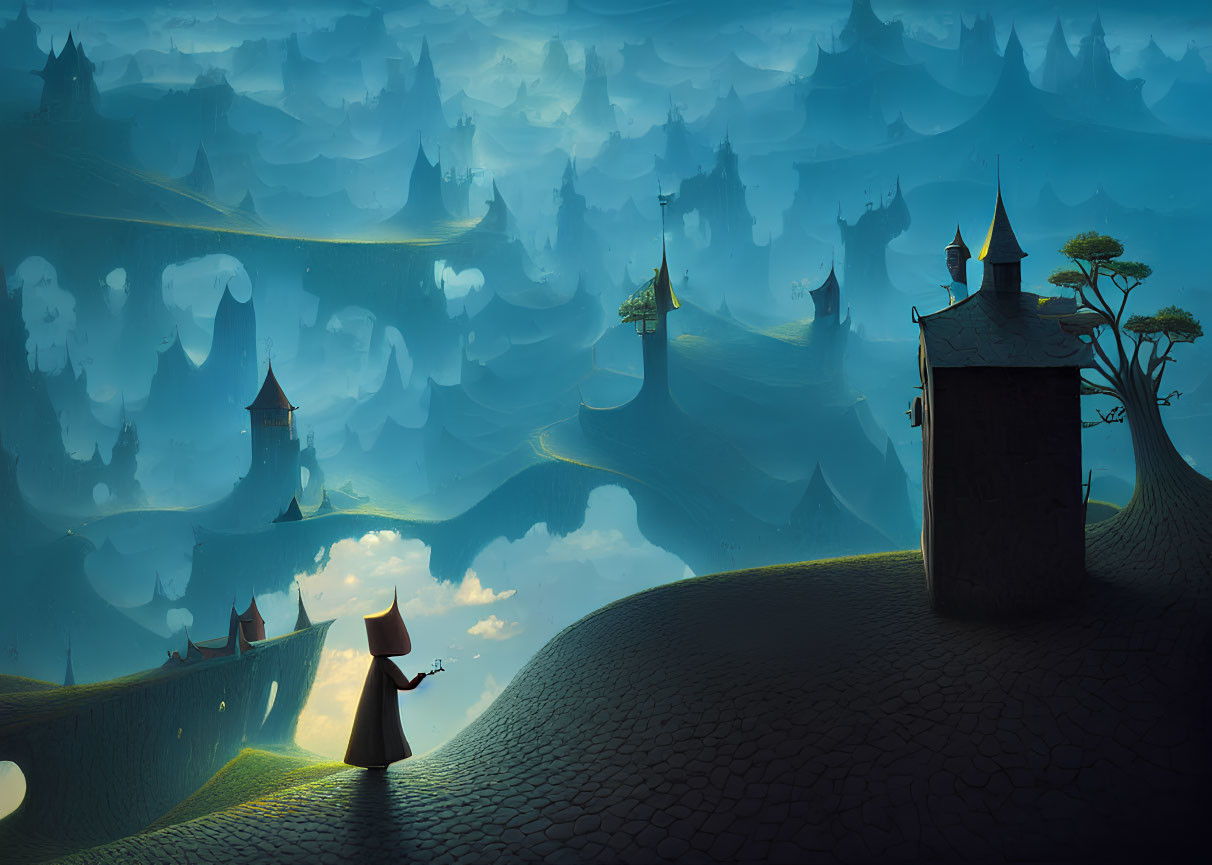 Mystical landscape with cloaked figure and towering spires