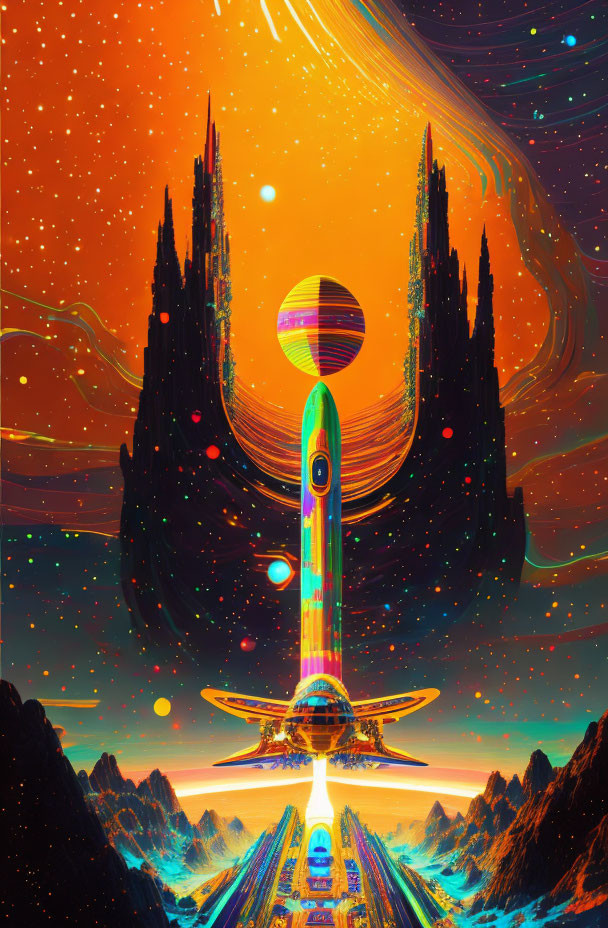 Colorful Psychedelic Space Scene with Celestial Body and Planetary Rings